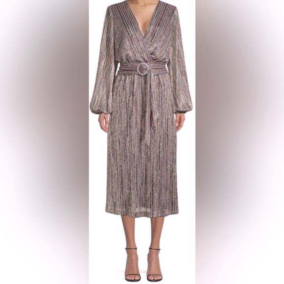 REBECCA VALLACE BELLAGIO METALLIC MIDI DRESS WITH TONAL, REMOVEABLE BELT - Picture 2 of 6